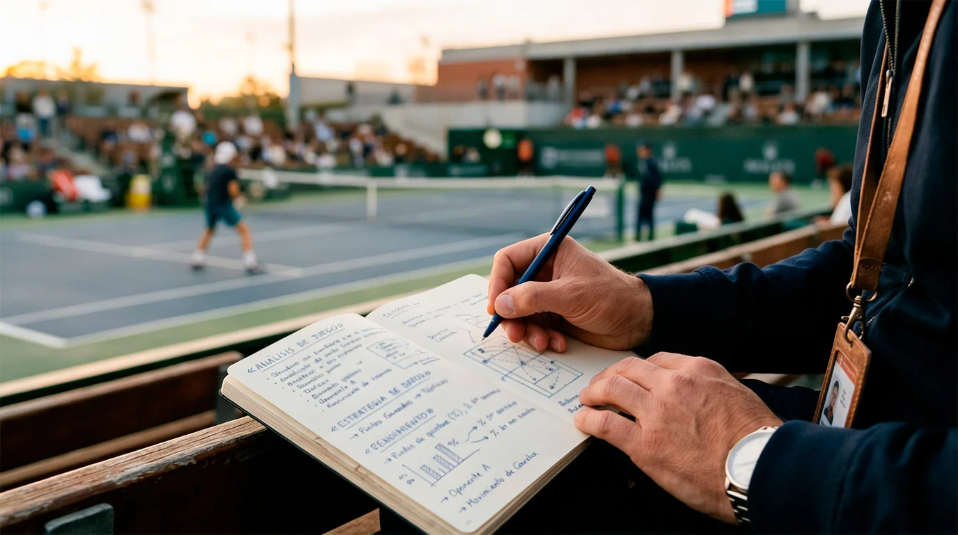 Persona analizando estadísticas de tenis en un cuaderno con una pista de tenis al fondo